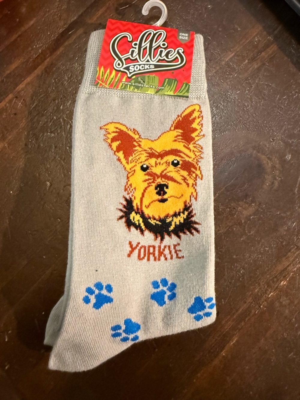NWT Sillies Yorkie Dog Graphic Socks - Light Gray with Blue Paws